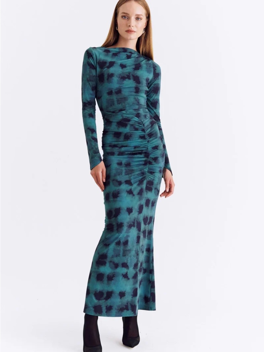 Suboo Shibori Long Sleeve Ruched Maxi Dress in Deep Green